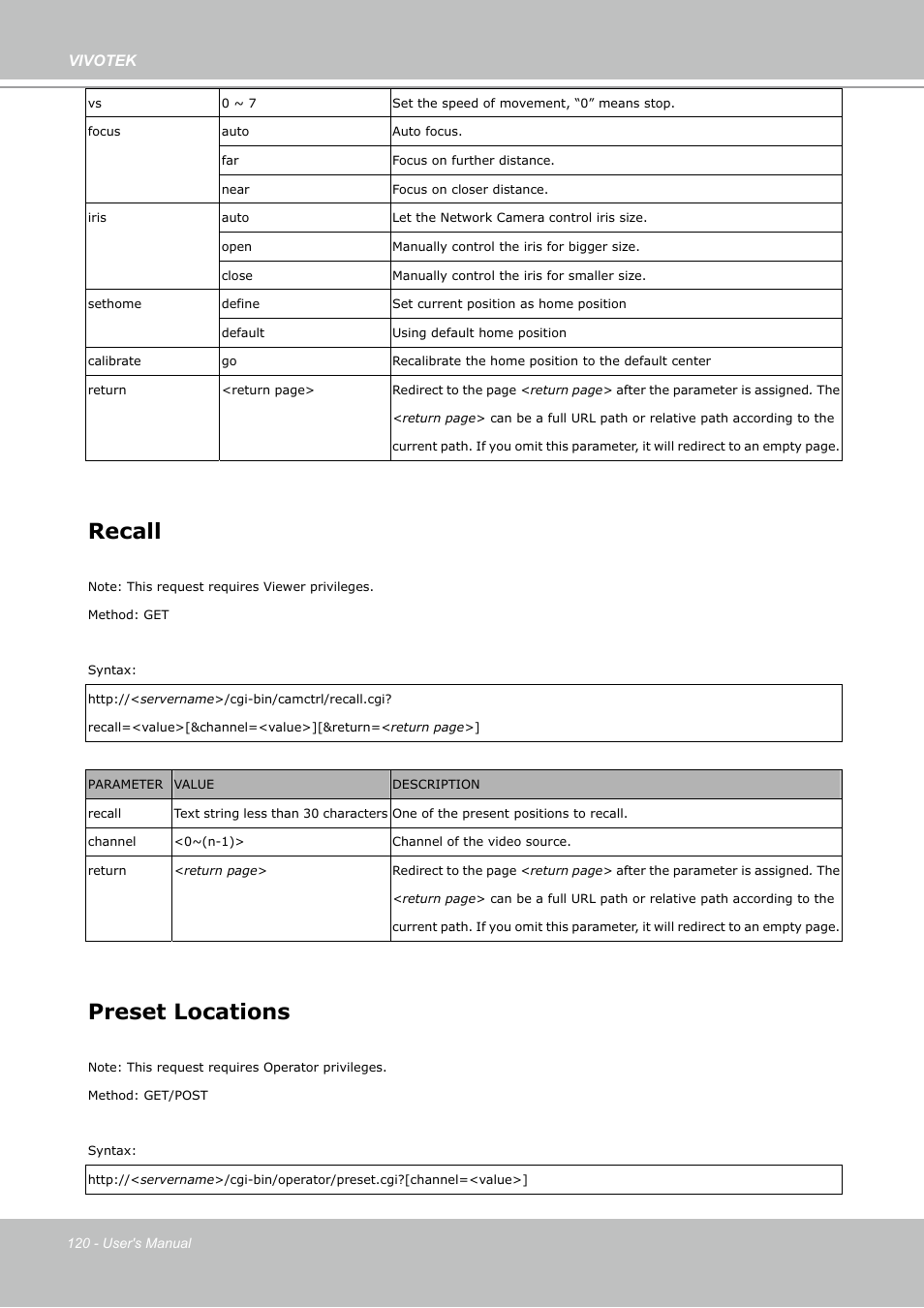 Recall, Preset locations | Vivotek PZ7112 User Manual | Page 120 / 126
