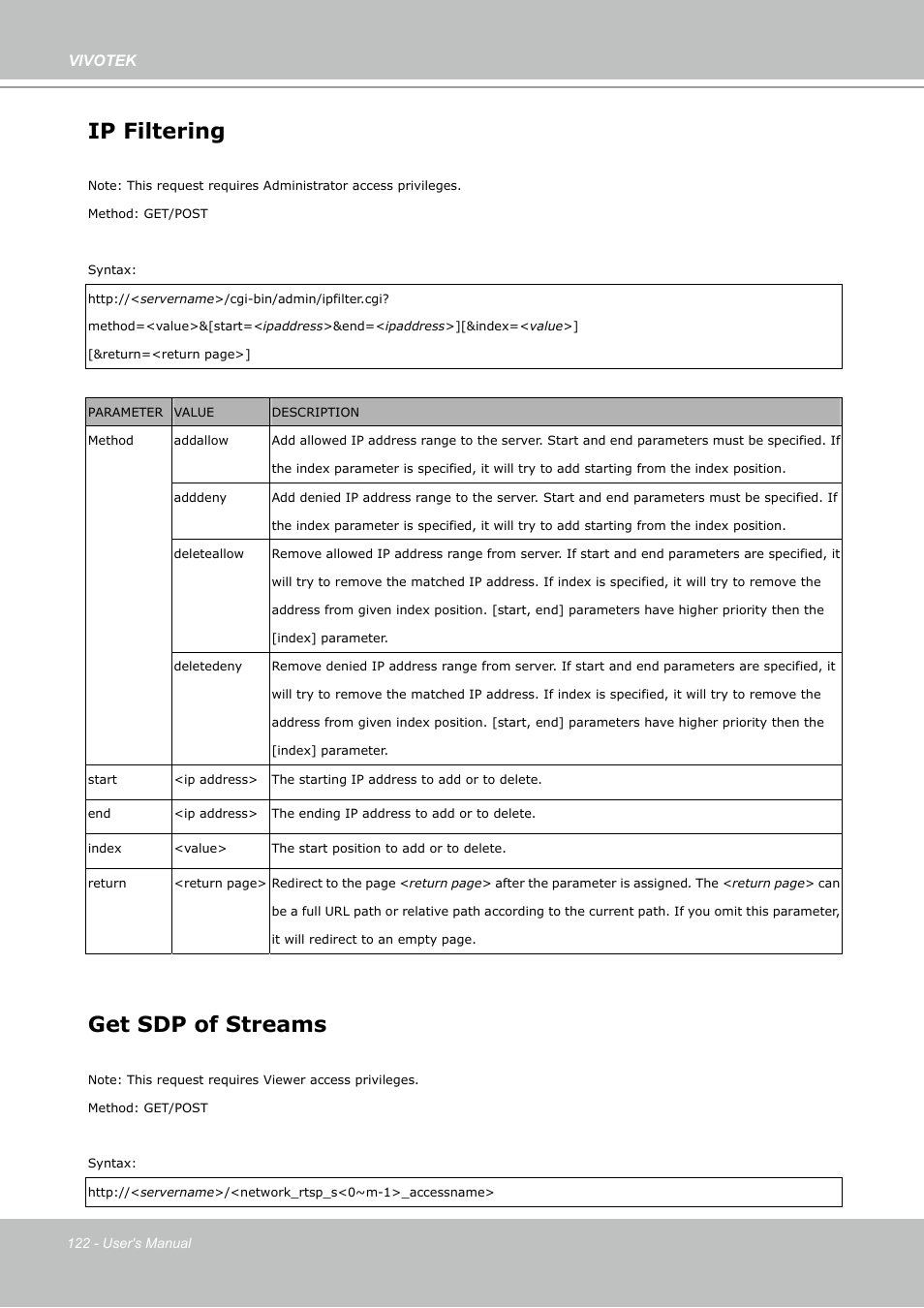 Ip filtering, Get sdp of streams | Vivotek PZ7112 User Manual | Page 122 / 126