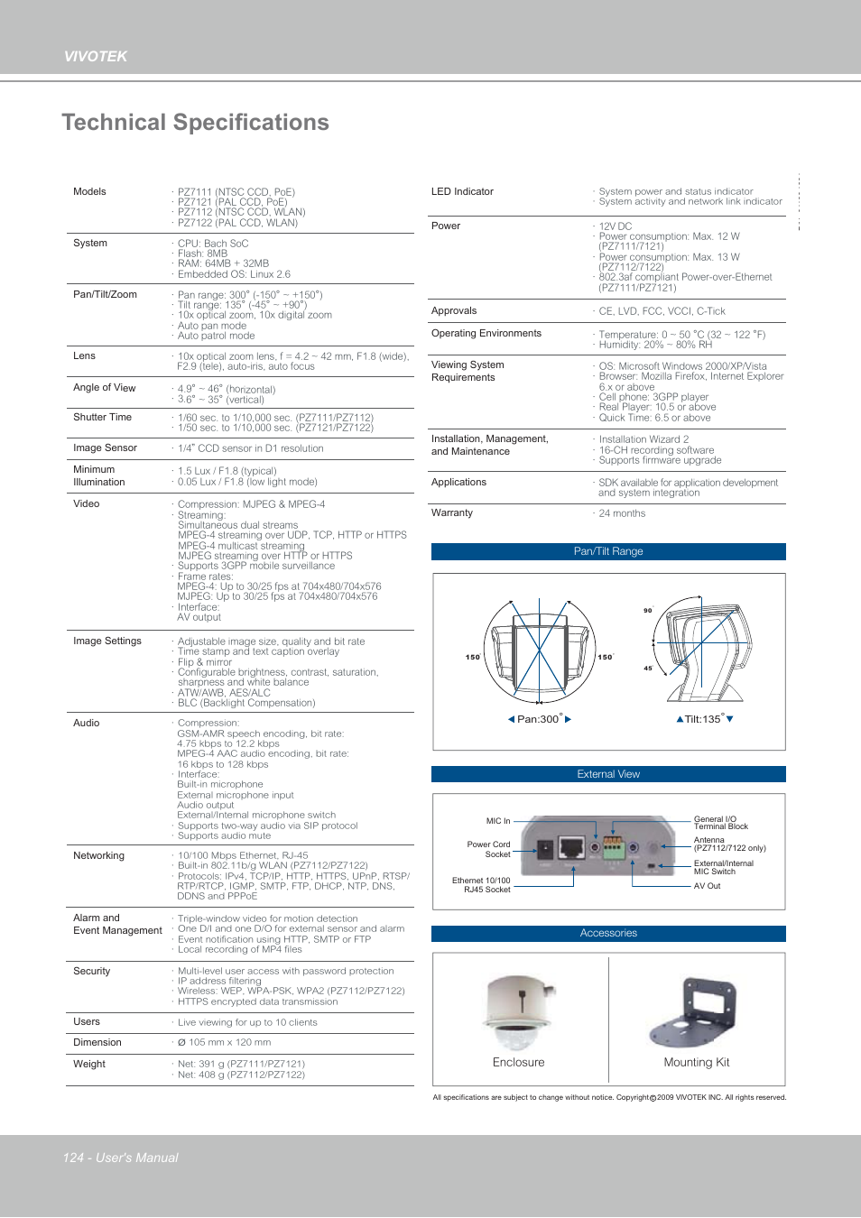 Technical specifications, Vivotek, Specifications | Vivotek PZ7112 User Manual | Page 124 / 126