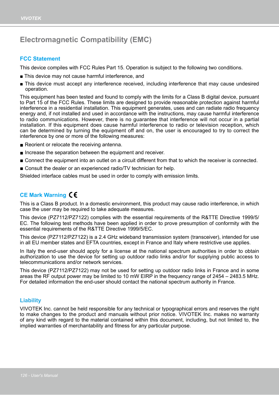 Electromagnetic compatibility (emc) | Vivotek PZ7112 User Manual | Page 126 / 126