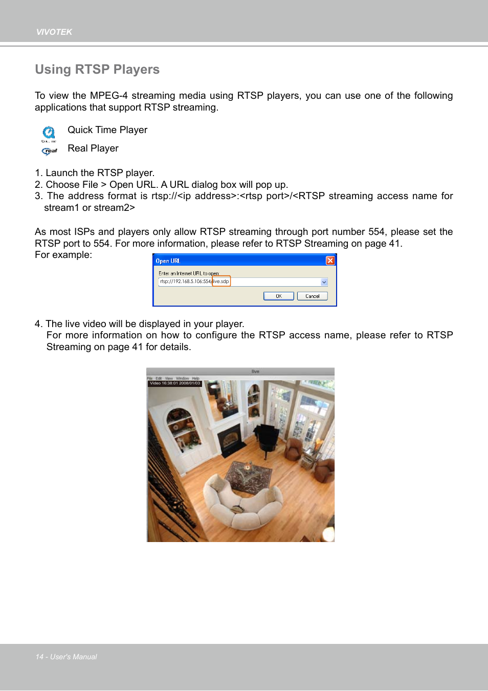 Using rtsp players | Vivotek PZ7112 User Manual | Page 14 / 126