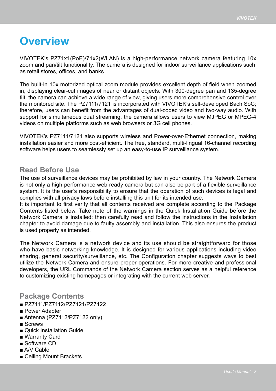 Overview, Read before use, Package contents | Vivotek PZ7112 User Manual | Page 3 / 126