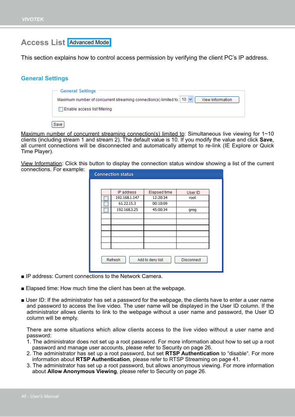 Access list | Vivotek PZ7112 User Manual | Page 48 / 126