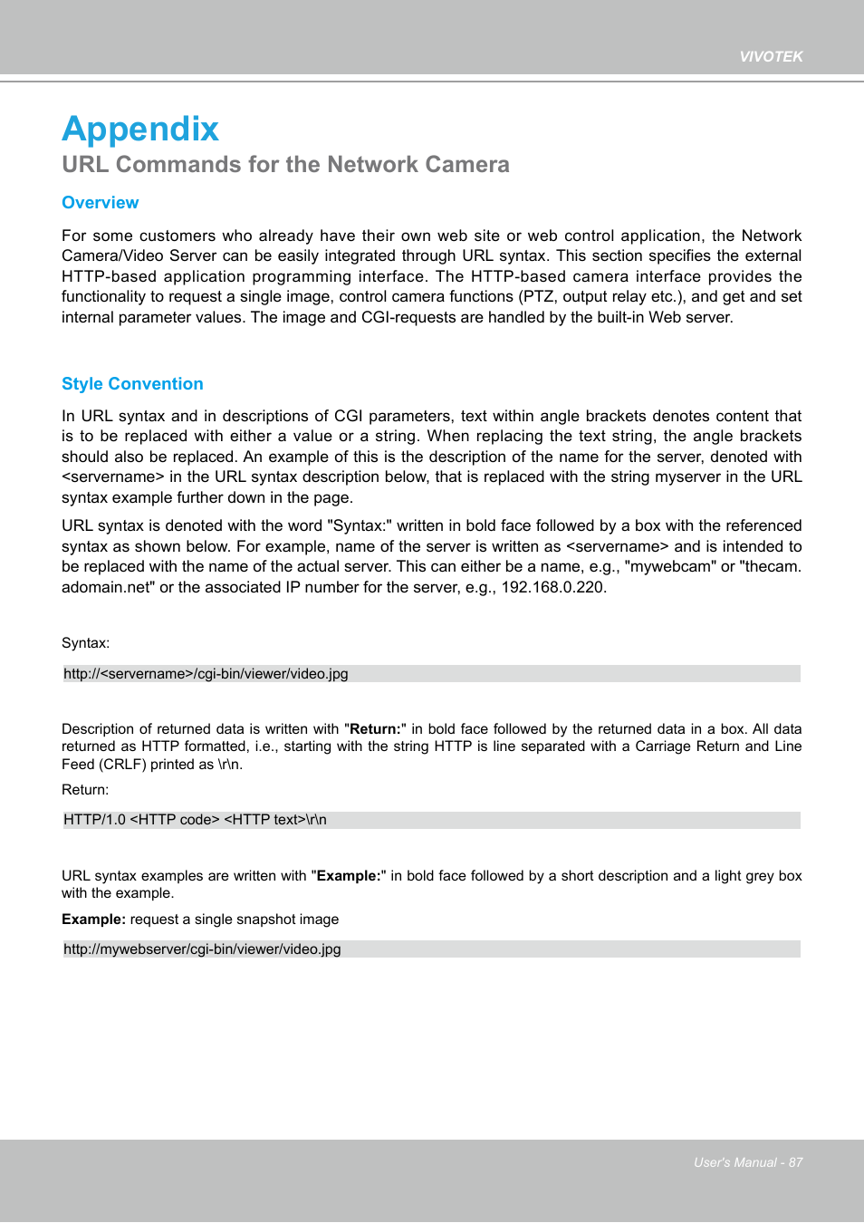 Appendix, Url commands for the network camera | Vivotek PZ7112 User Manual | Page 87 / 126
