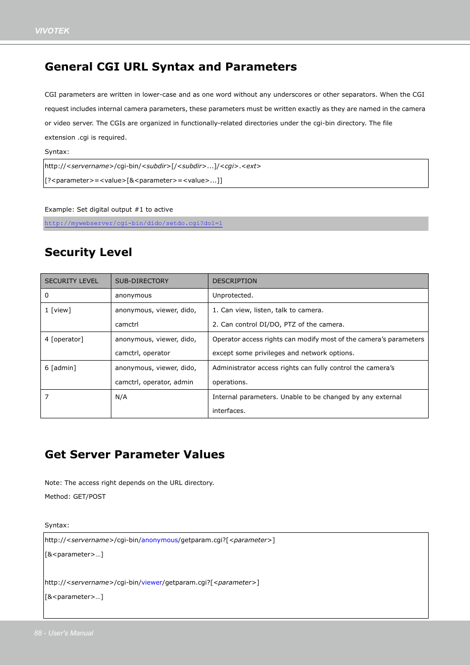 General cgi url syntax and parameters, Security level, Get server parameter values | Vivotek PZ7112 User Manual | Page 88 / 126