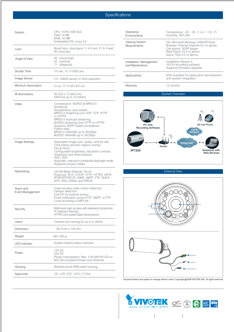 Datasheet_eng_ip7330_v 0.2(2).pdf, Specifications | Vivotek Bullet Network Camera IP7330 User Manual | Page 2 / 2