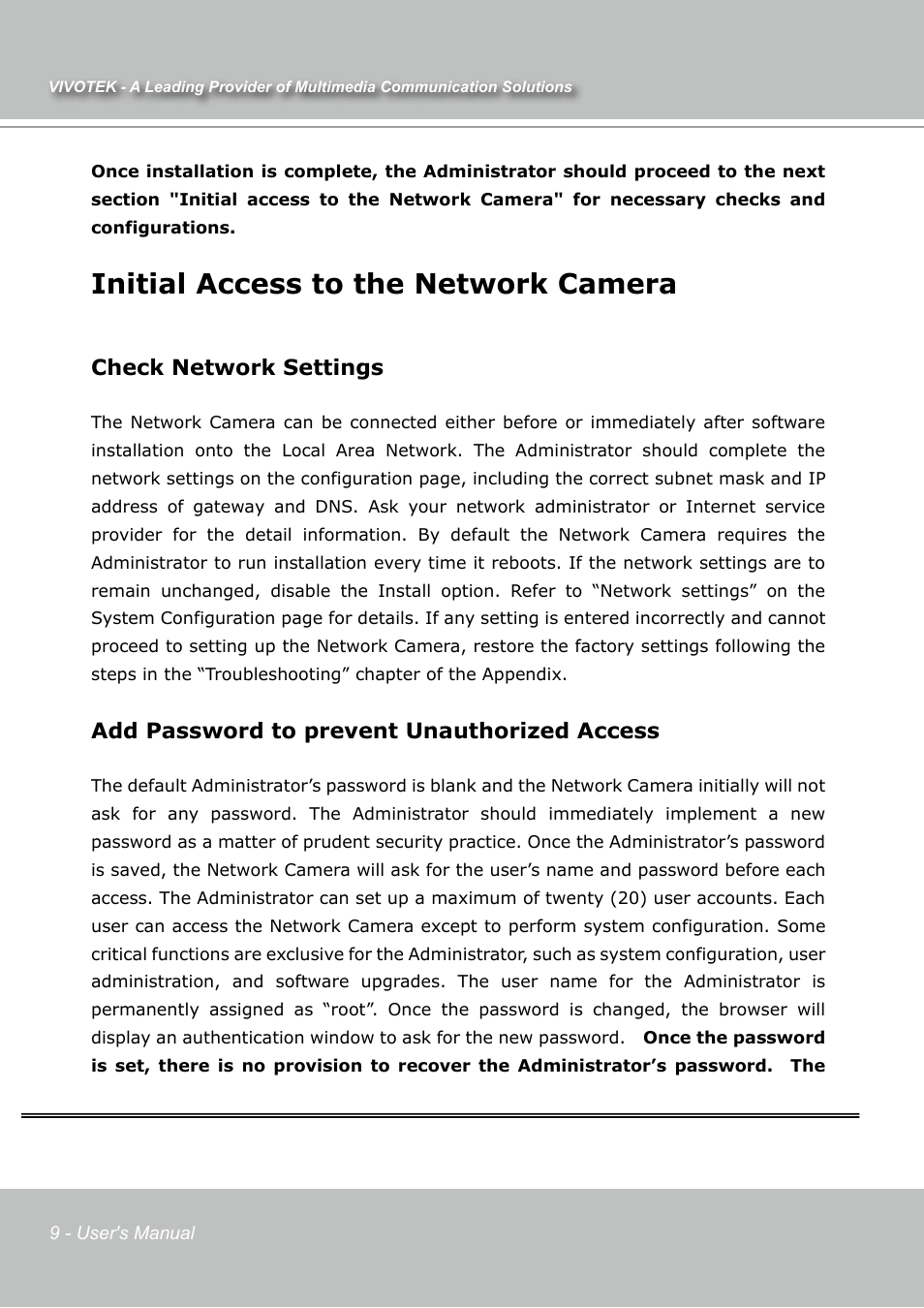 Initial access to the network camera, Check network settings, Add password to prevent unauthorized access | Vivotek IP7131 User Manual | Page 10 / 73