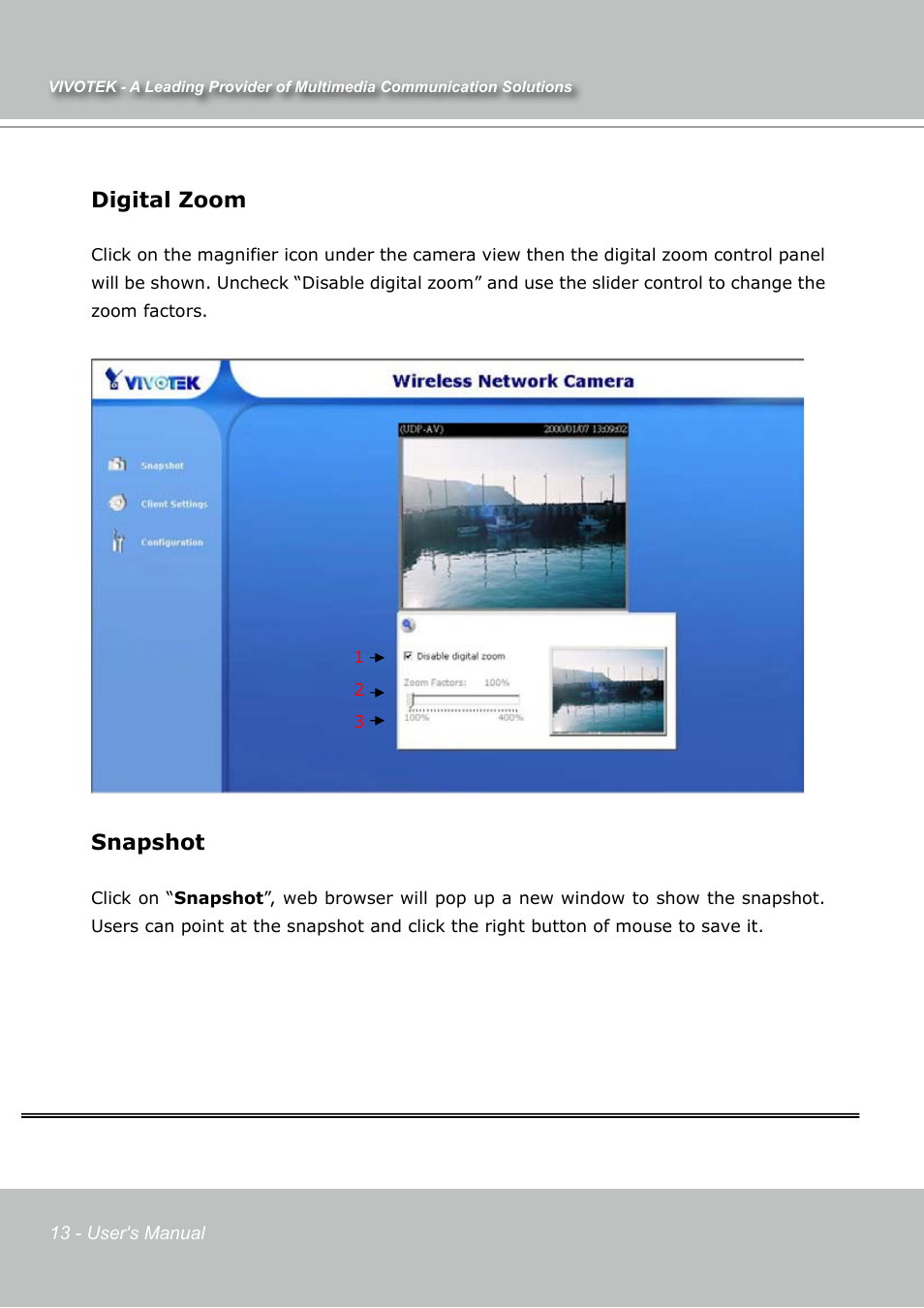Digital zoom, Snapshot | Vivotek IP7131 User Manual | Page 14 / 73