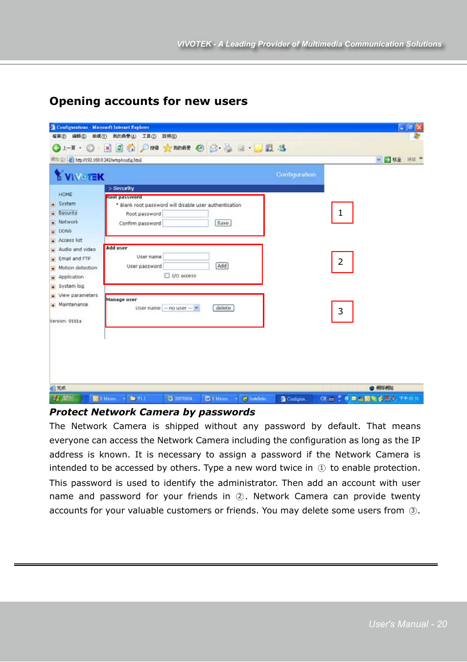 Opening accounts for new users | Vivotek IP7131 User Manual | Page 21 / 73
