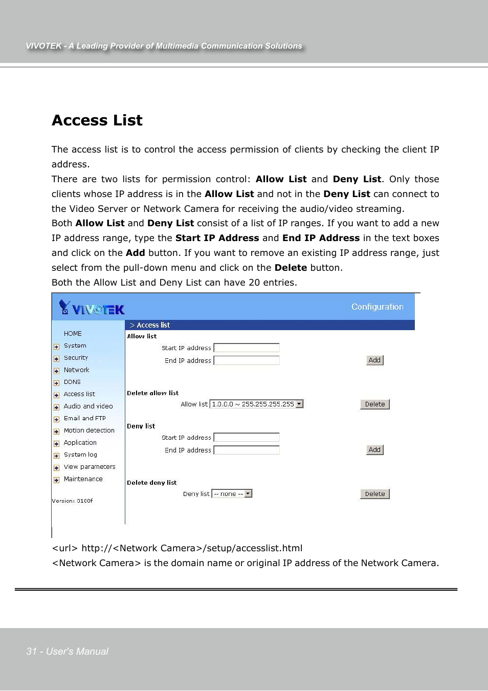 Access list | Vivotek IP7131 User Manual | Page 32 / 73