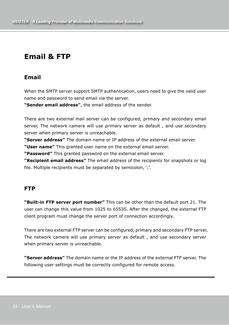 Email & ftp, Email | Vivotek IP7131 User Manual | Page 36 / 73
