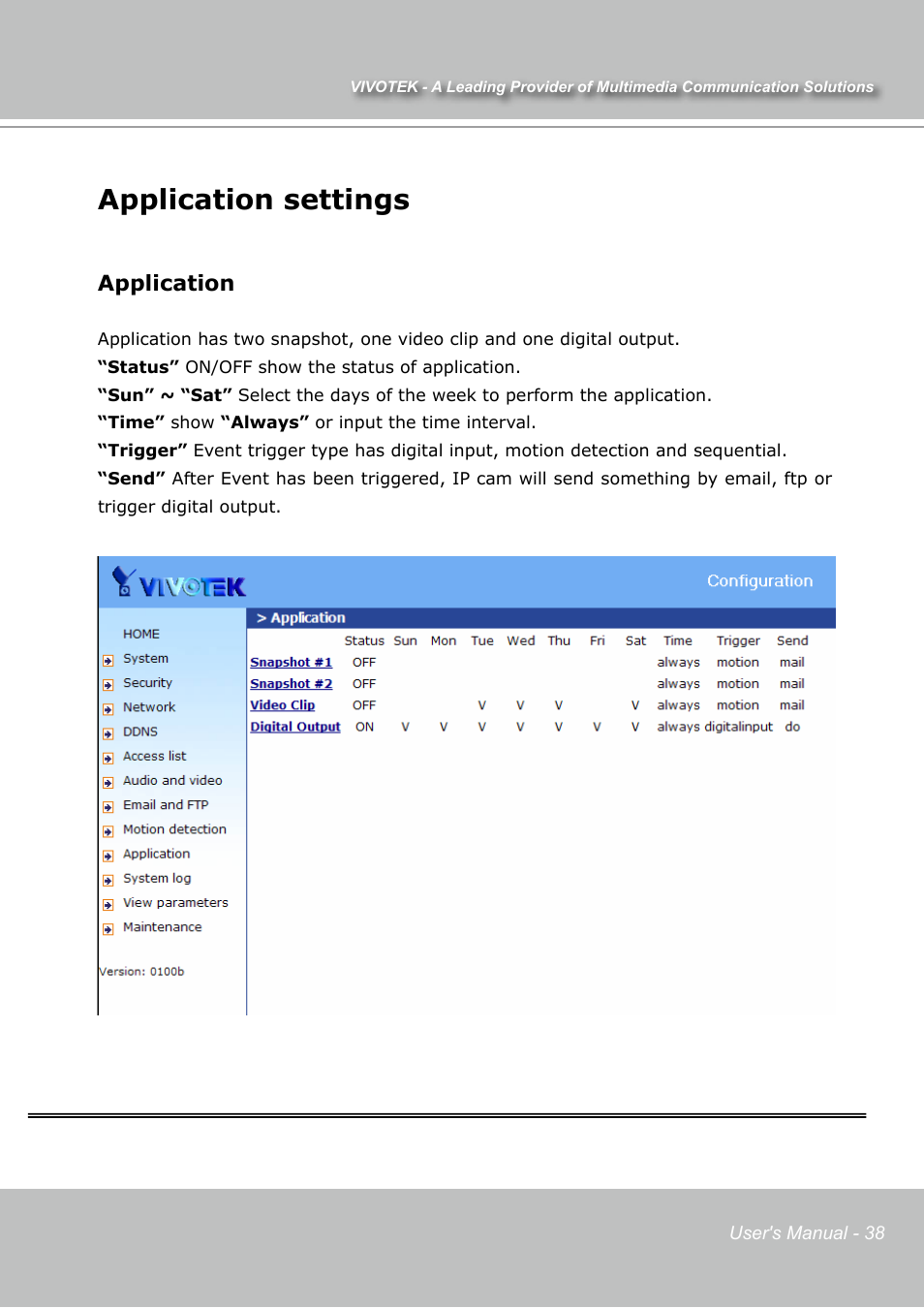 Application settings, Application | Vivotek IP7131 User Manual | Page 39 / 73