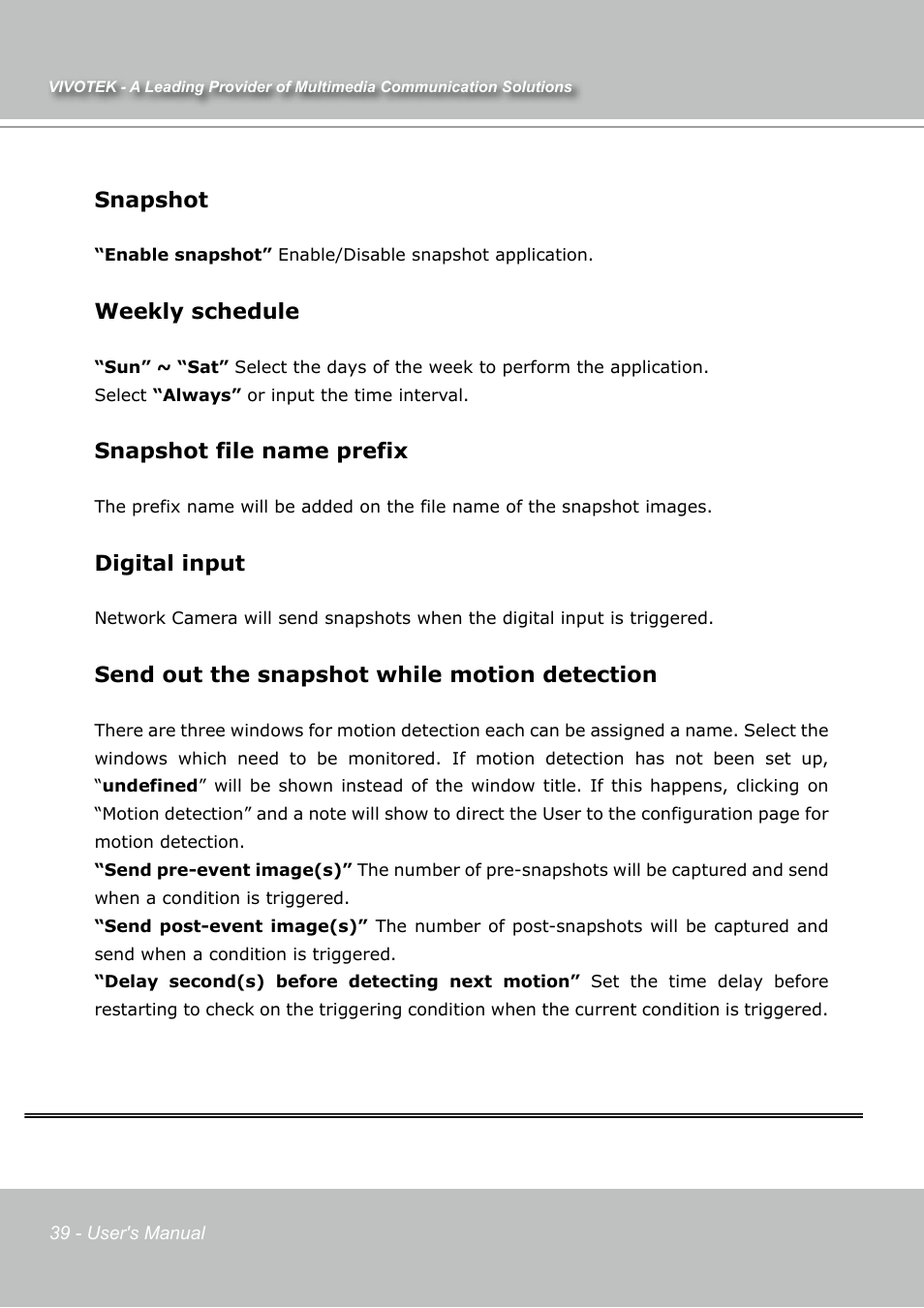 Snapshot, Weekly schedule, Snapshot file name prefix | Digital input, Send out the snapshot while motion detection | Vivotek IP7131 User Manual | Page 40 / 73