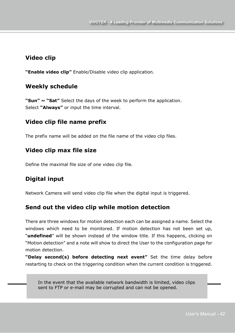 Video clip, Weekly schedule, Video clip file name prefix | Video clip max file size, Digital input, Send out the video clip while motion detection | Vivotek IP7131 User Manual | Page 43 / 73
