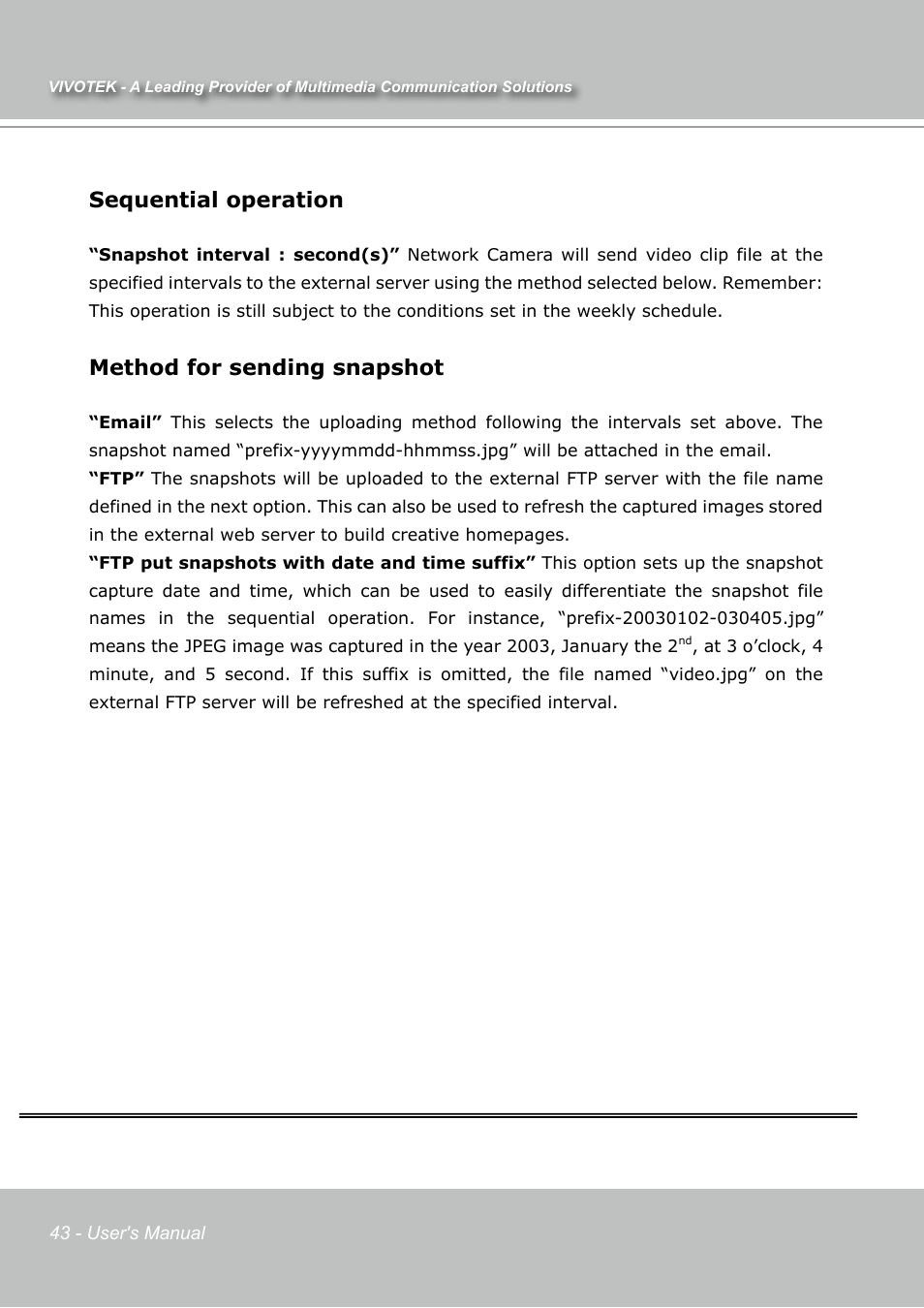 Sequential operation, Method for sending snapshot | Vivotek IP7131 User Manual | Page 44 / 73