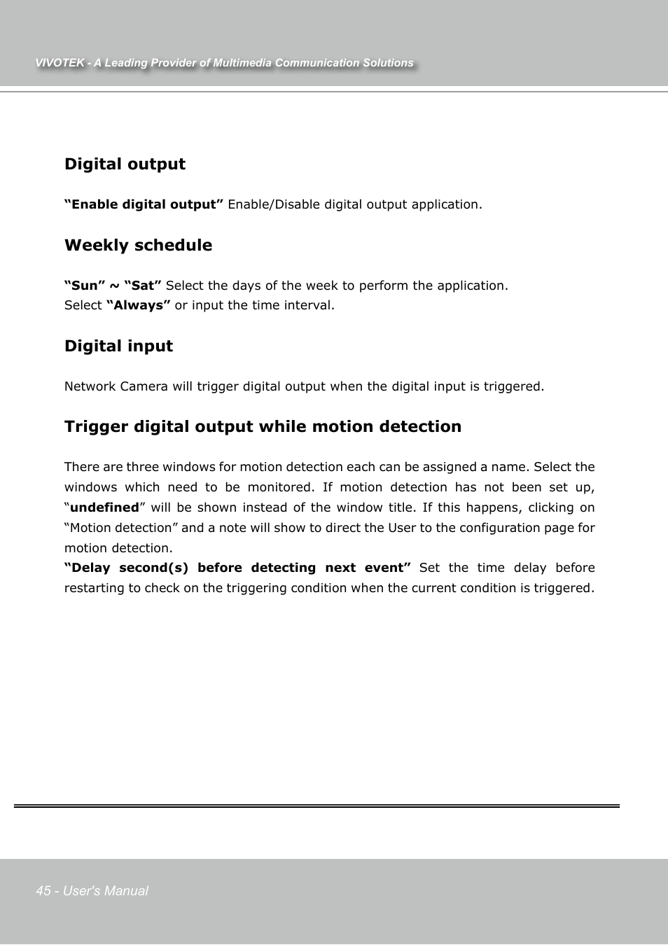 Digital output, Weekly schedule, Digital input | Trigger digital output while motion detection | Vivotek IP7131 User Manual | Page 46 / 73