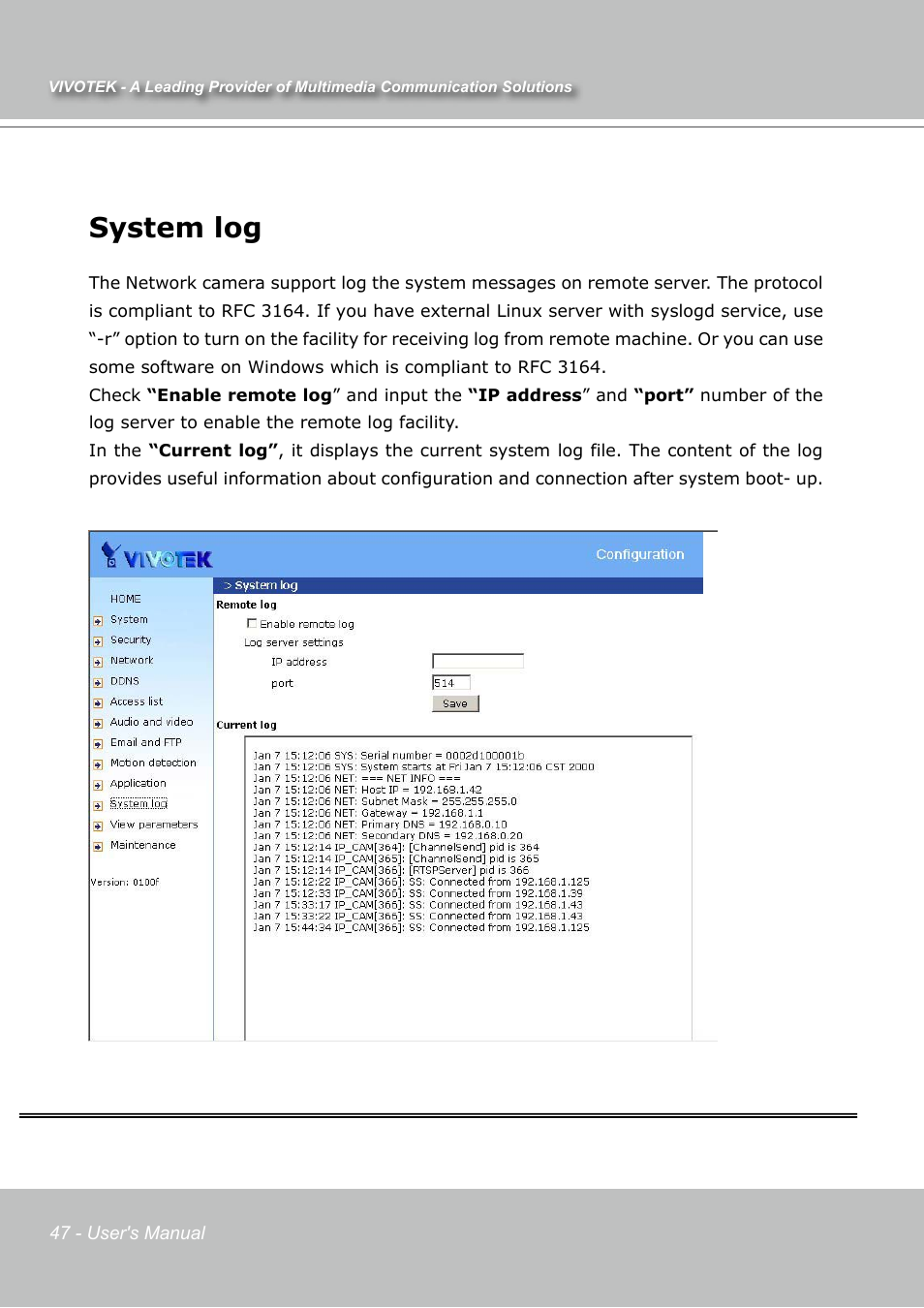 System log | Vivotek IP7131 User Manual | Page 48 / 73