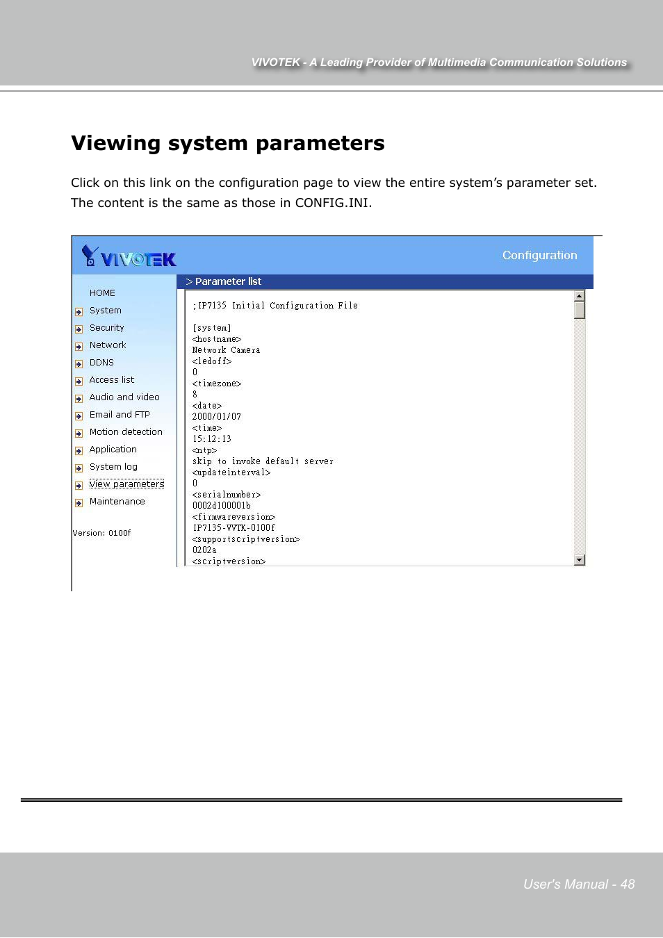 Viewing system parameters | Vivotek IP7131 User Manual | Page 49 / 73
