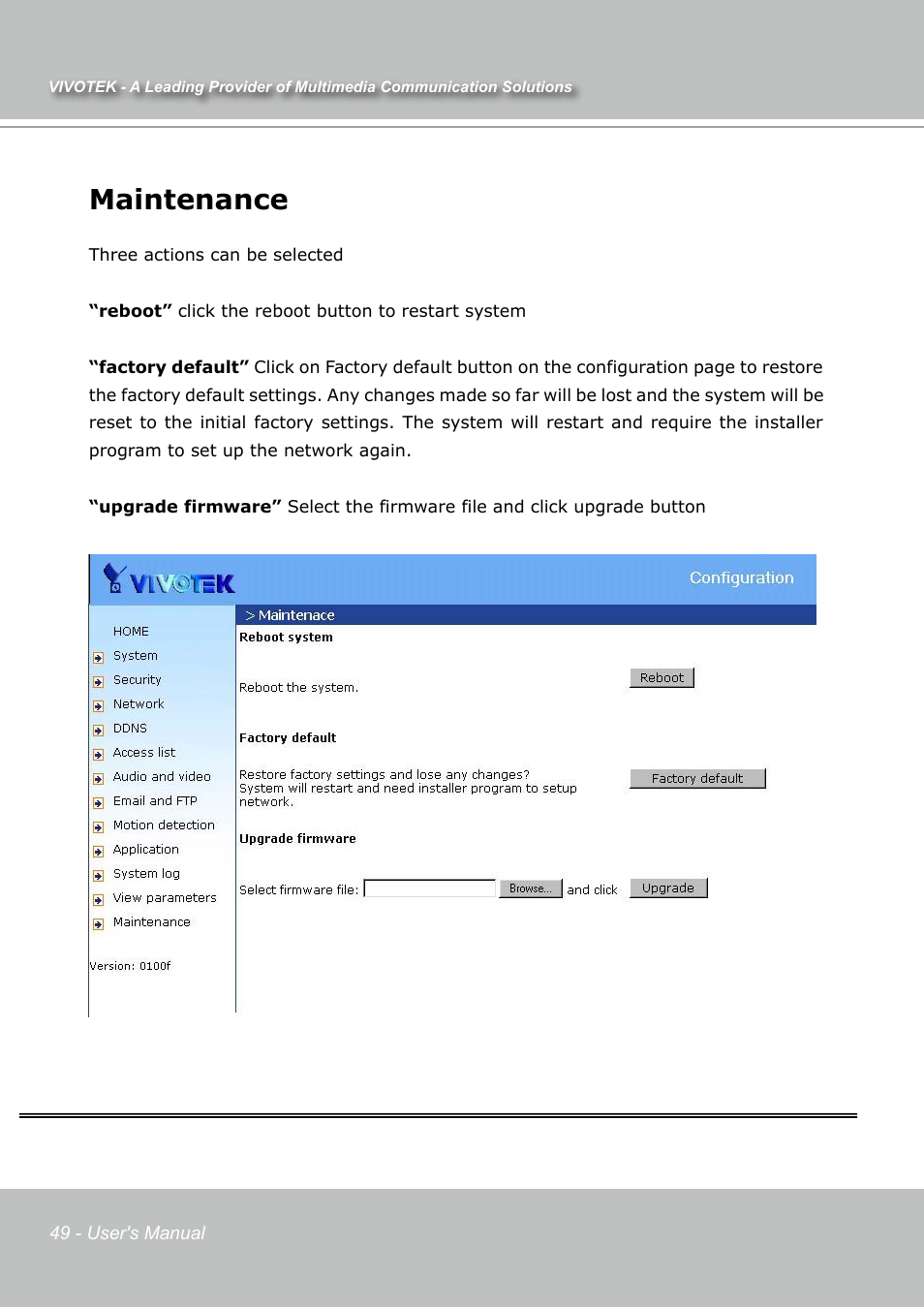 Maintenance | Vivotek IP7131 User Manual | Page 50 / 73