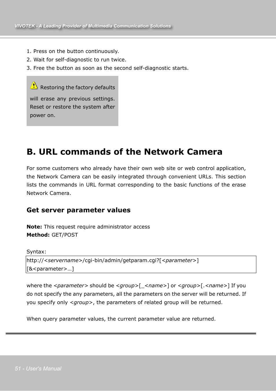 B. url commands of the network camera, Get server parameter values | Vivotek IP7131 User Manual | Page 52 / 73