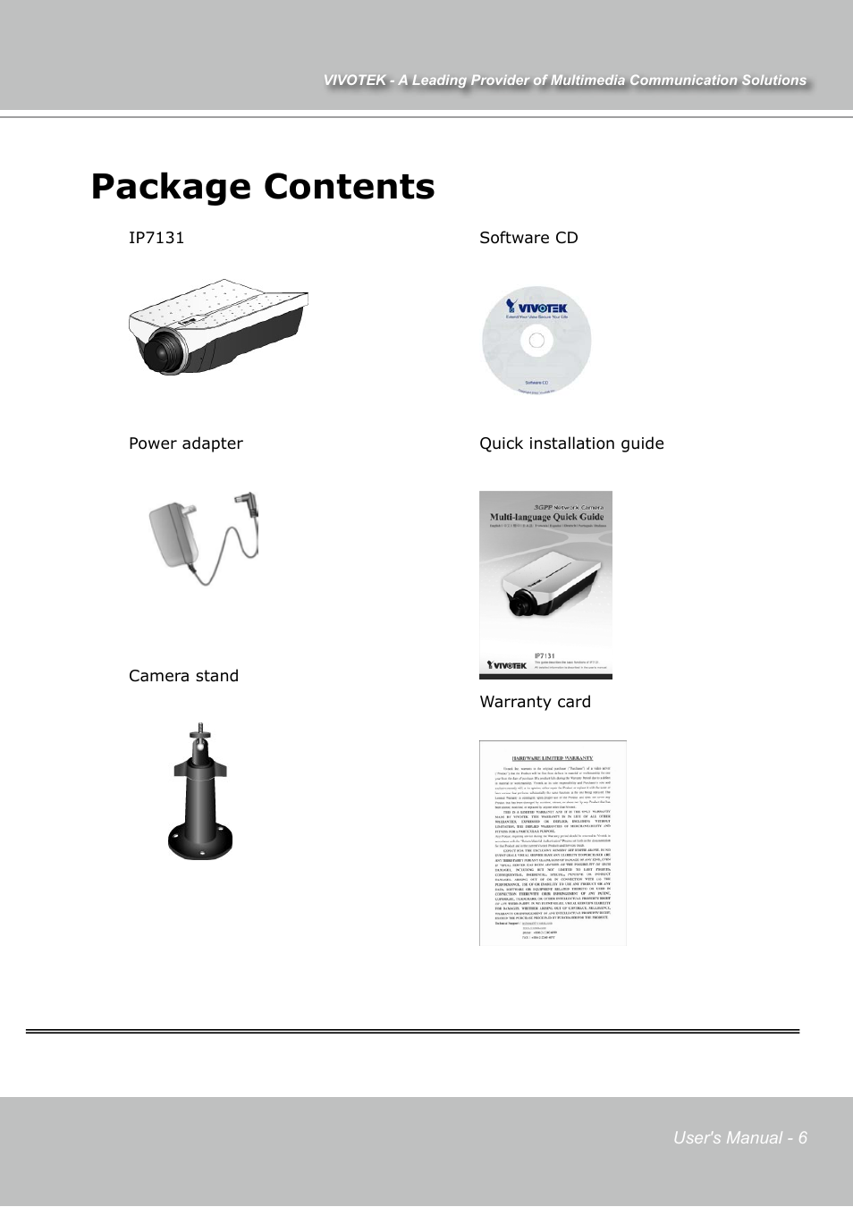 Package contents | Vivotek IP7131 User Manual | Page 7 / 73