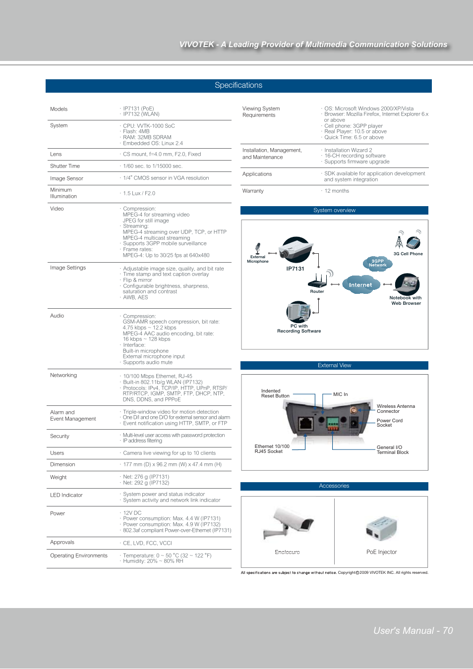 D. technical specifications, User's manual - 70, System | Networking, Video, Camera specification, Lens, Stream, Event management, Audio | Vivotek IP7131 User Manual | Page 71 / 73
