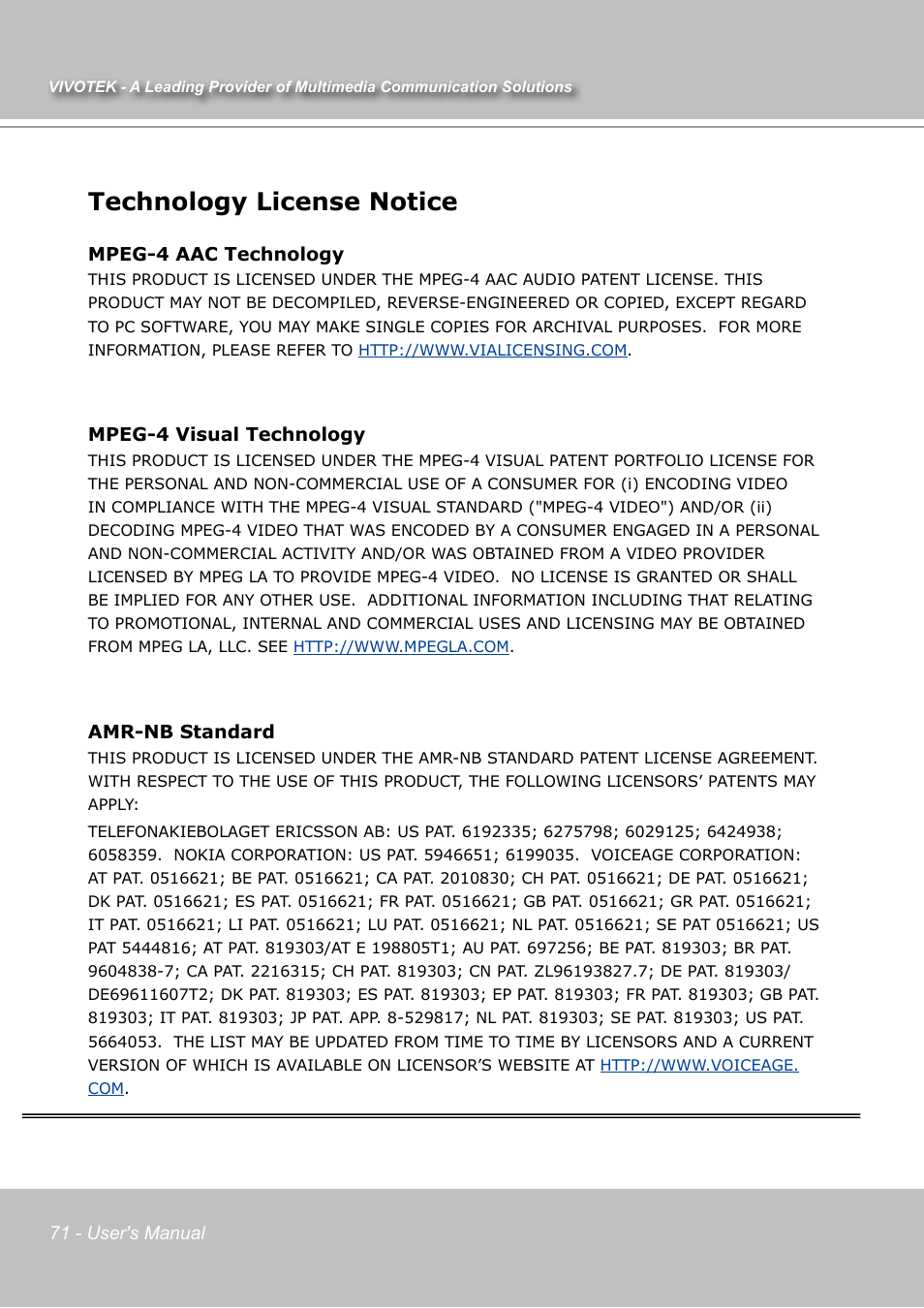Technology license notice | Vivotek IP7131 User Manual | Page 72 / 73