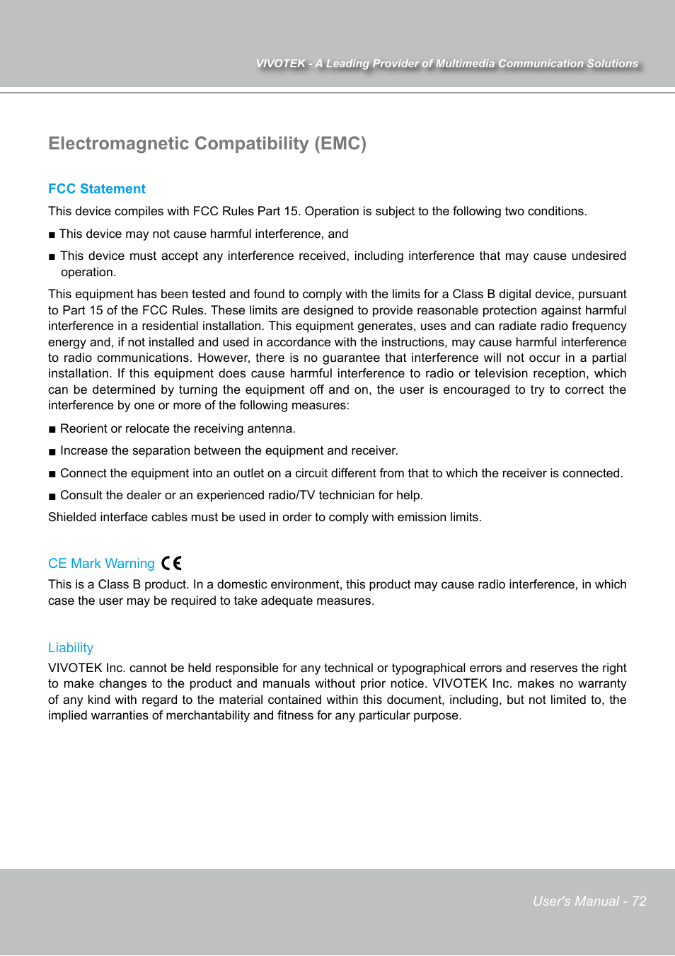 Electromagnetic compatibility (emc) | Vivotek IP7131 User Manual | Page 73 / 73