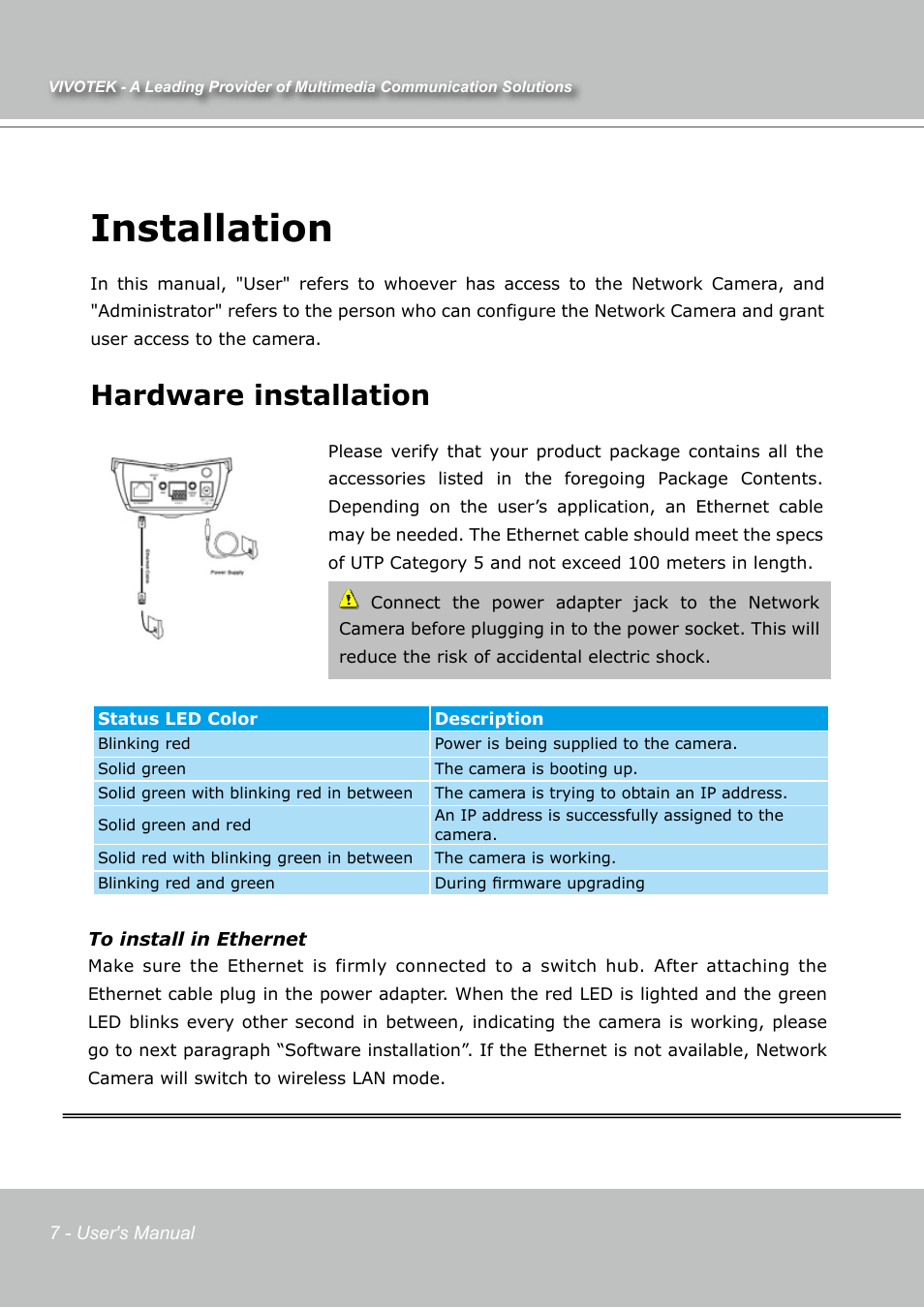 Installation, Hardware installation | Vivotek IP7131 User Manual | Page 8 / 73