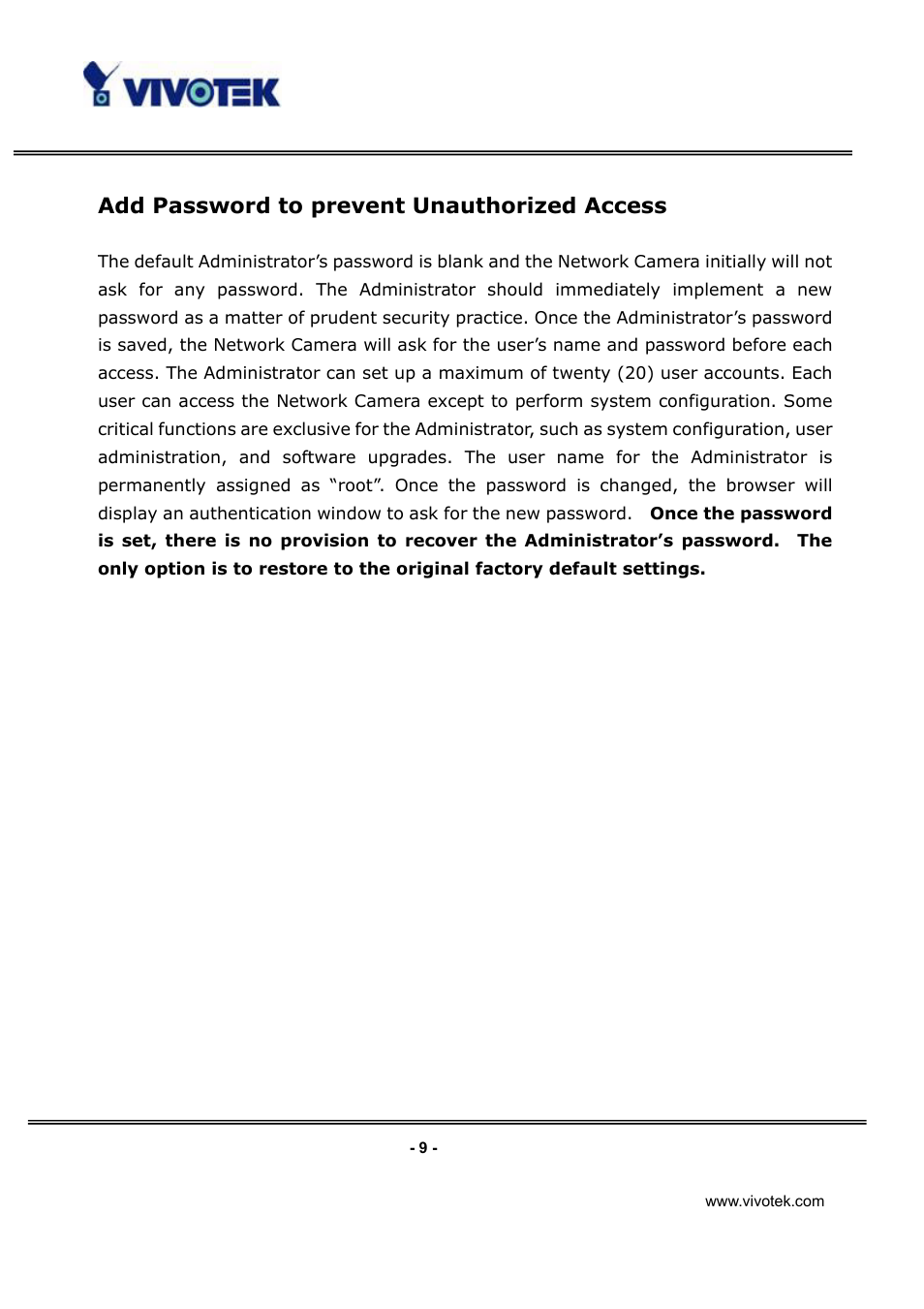 Add password to prevent unauthorized access | Vivotek IP3112/IP3122 User Manual | Page 10 / 65