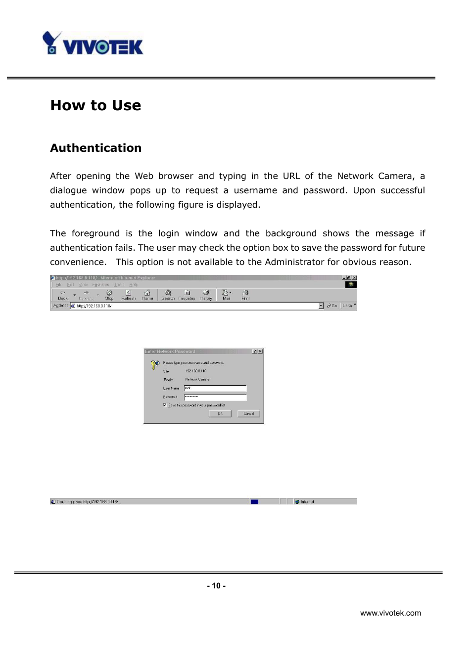 How to use, Authentication | Vivotek IP3112/IP3122 User Manual | Page 11 / 65