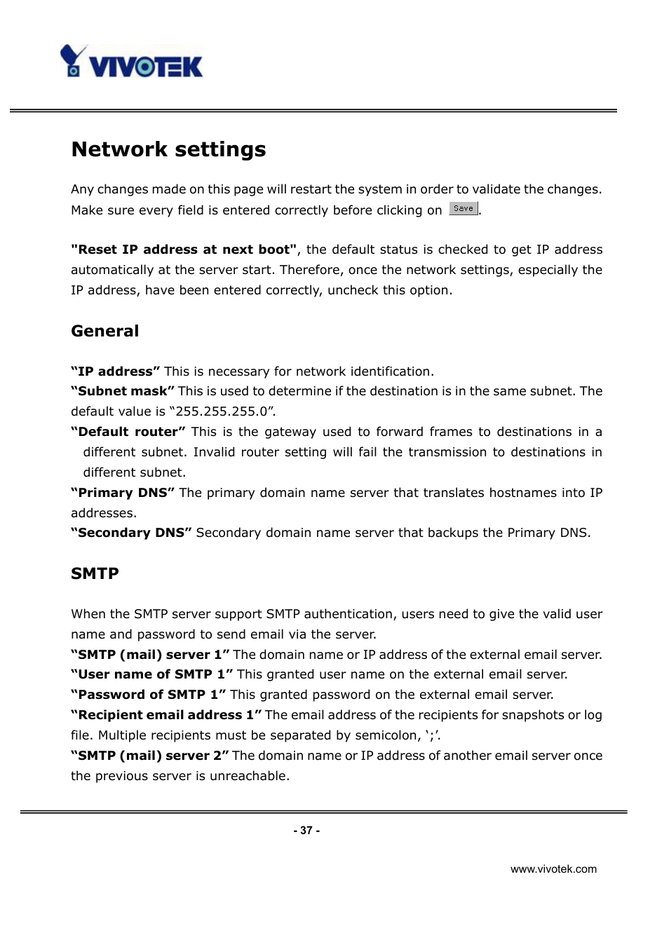 Network settings, General, Smtp | Vivotek IP3112/IP3122 User Manual | Page 38 / 65