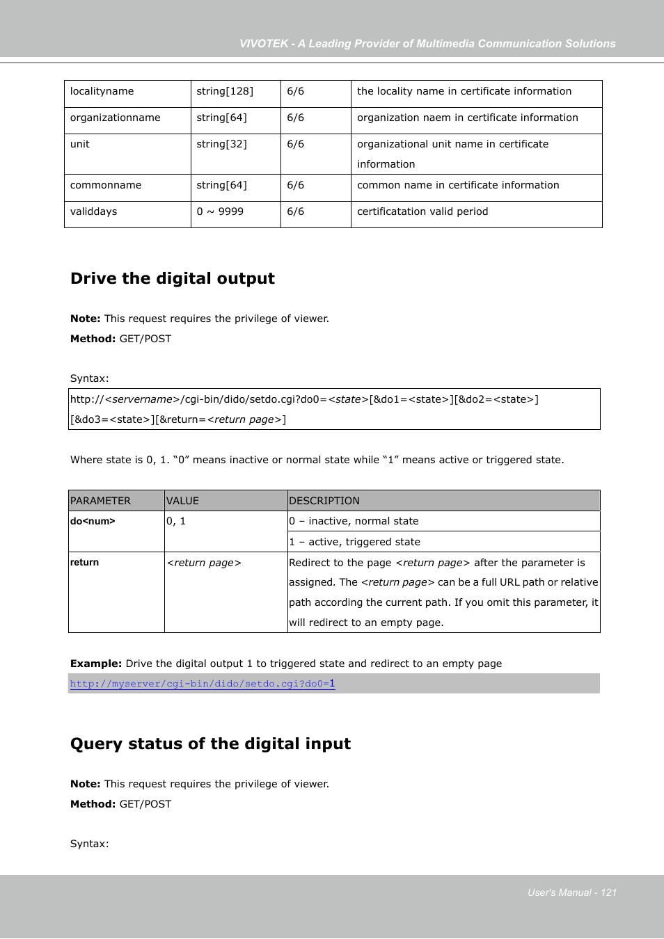 Drive the digital output, Query status of the digital input | Vivotek FD7141(V) User Manual | Page 121 / 132