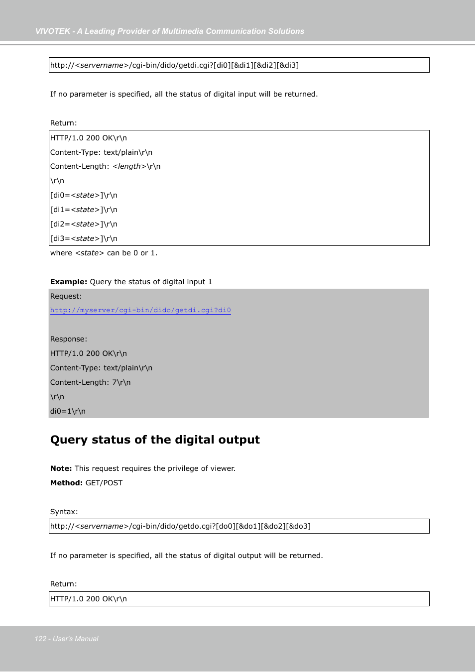 Query status of the digital output | Vivotek FD7141(V) User Manual | Page 122 / 132