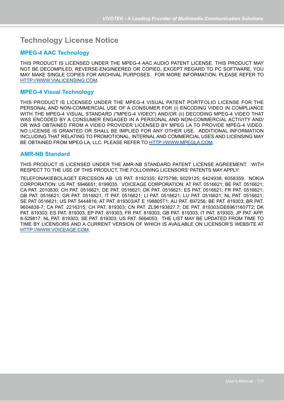 Technology license notice | Vivotek FD7141(V) User Manual | Page 131 / 132