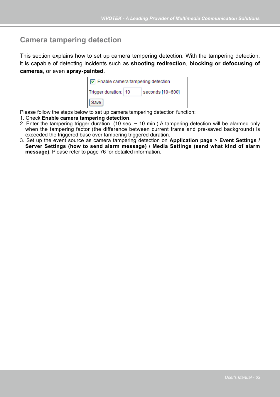 Camera tampering detection | Vivotek FD7141(V) User Manual | Page 63 / 132