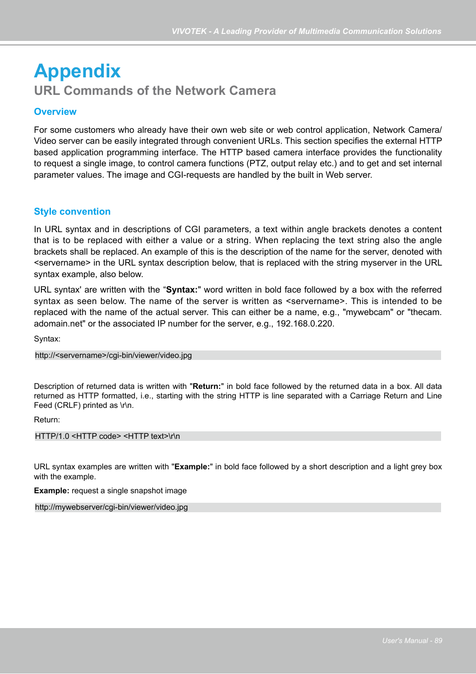 Appendix, Url commands of the network camera | Vivotek FD7141(V) User Manual | Page 89 / 132