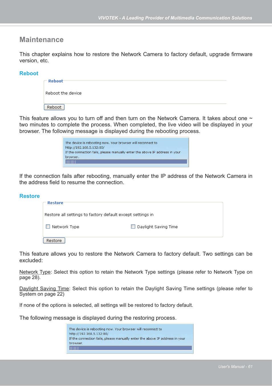 Maintenance | Vivotek IP7142 User Manual | Page 61 / 95