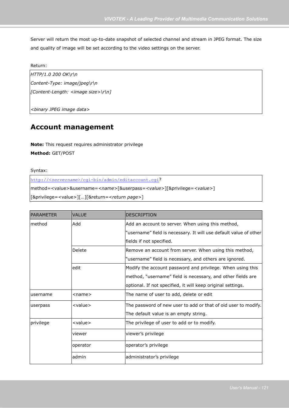 Account management | Vivotek PZ7131 User Manual | Page 121 / 130
