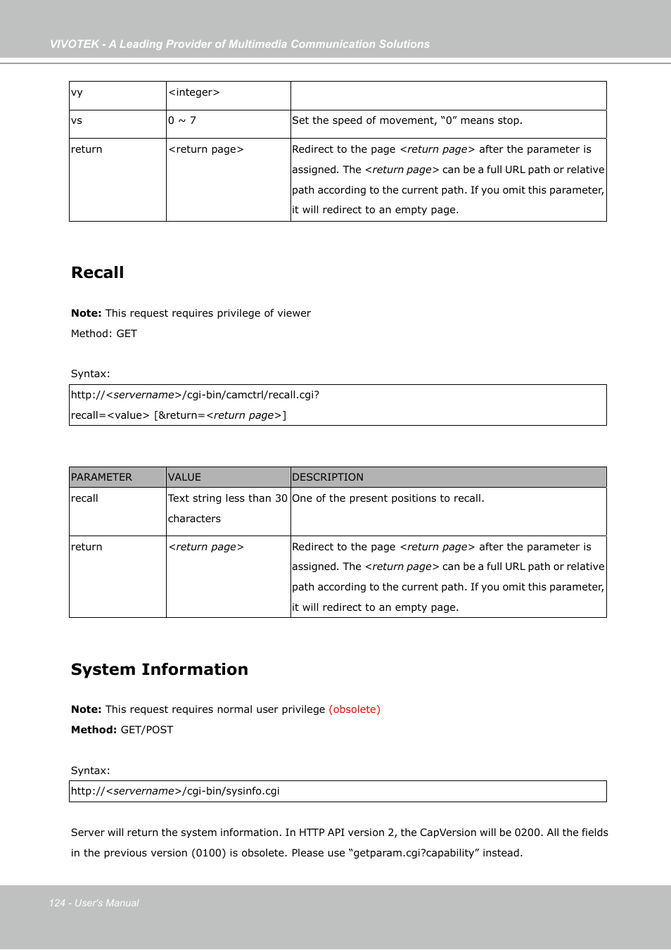 Recall, System information | Vivotek PZ7131 User Manual | Page 124 / 130