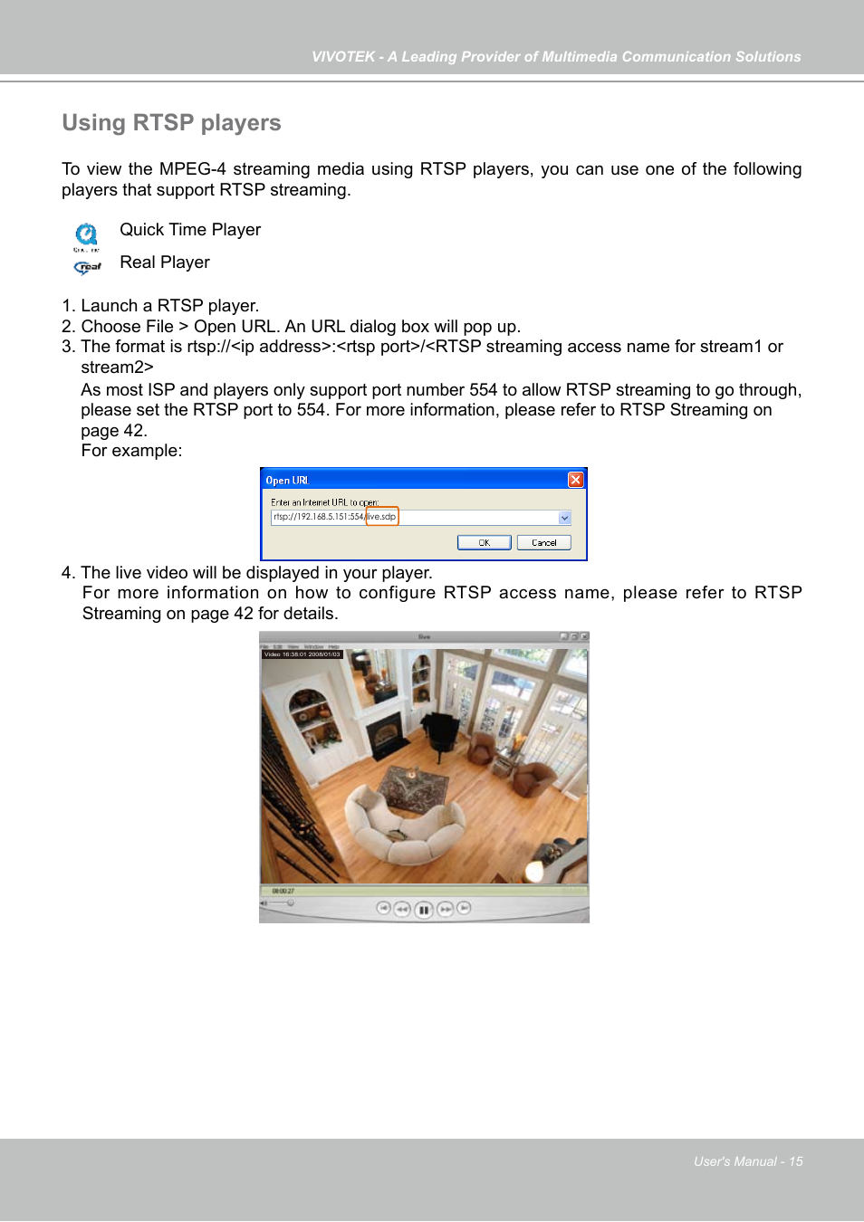 Using rtsp players | Vivotek PZ7131 User Manual | Page 15 / 130