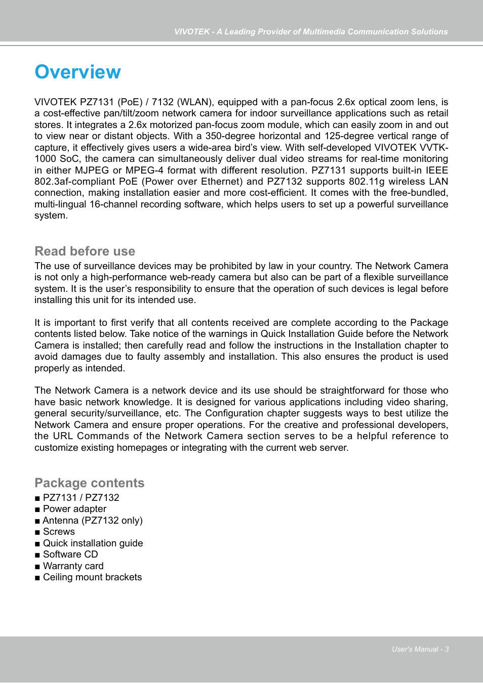 Overview, Read before use, Package contents | Vivotek PZ7131 User Manual | Page 3 / 130