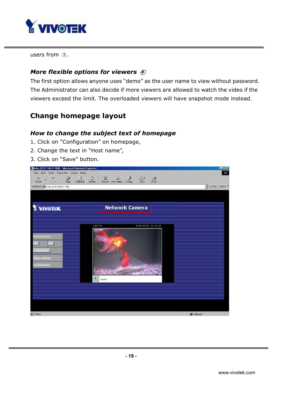 Change homepage layout | Vivotek IP3132 User Manual | Page 20 / 65