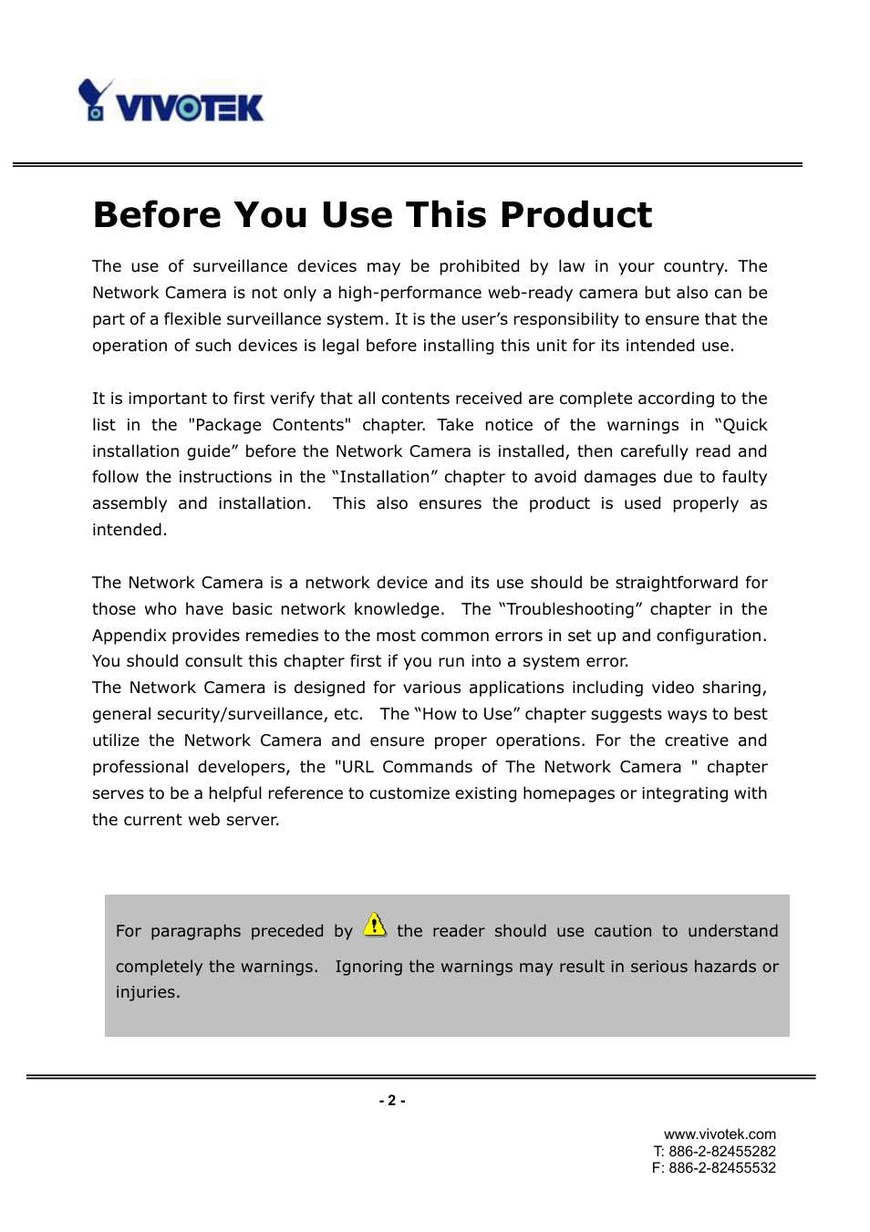 Before you use this product | Vivotek IP3132 User Manual | Page 3 / 65