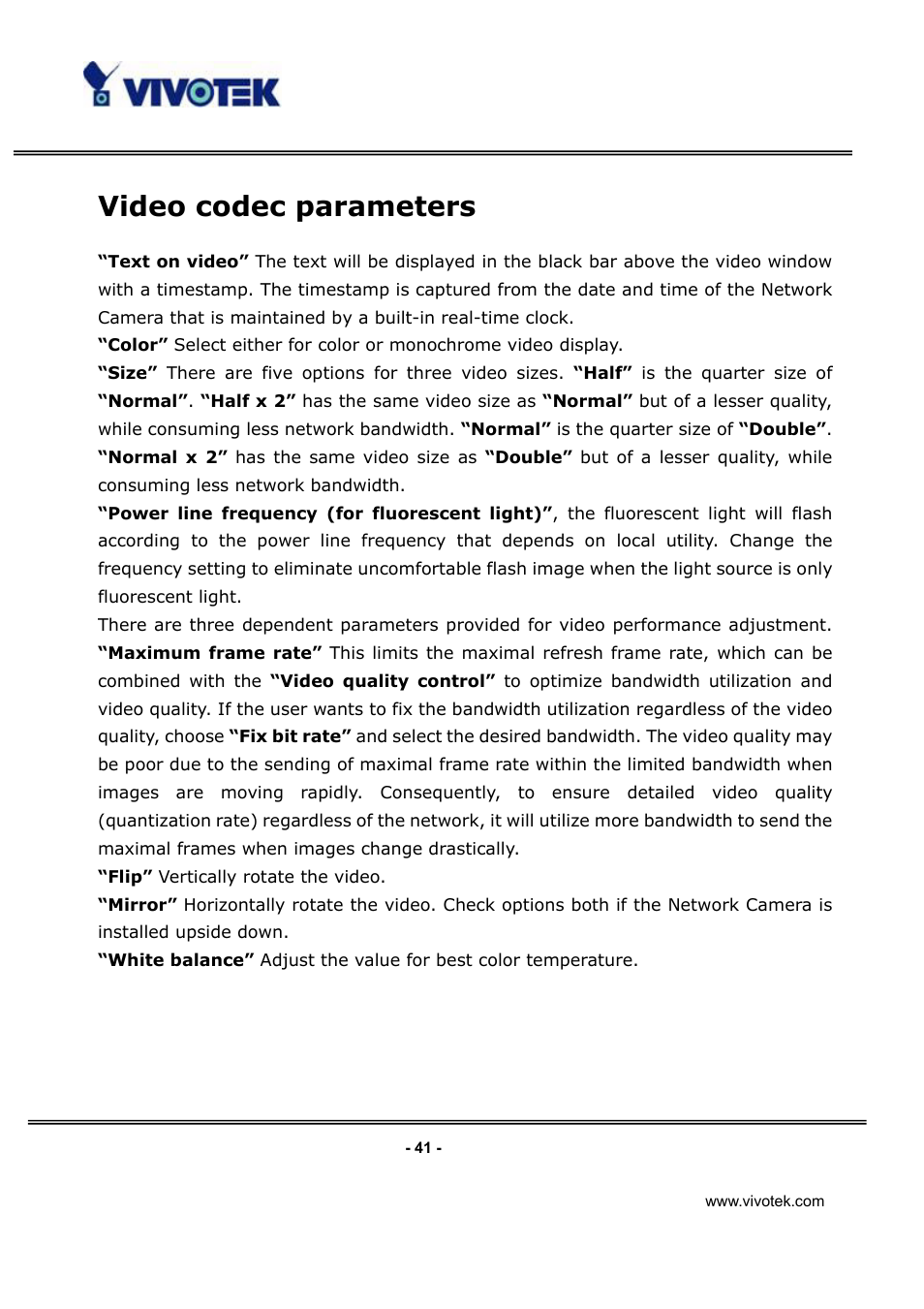 Video codec parameters | Vivotek IP3132 User Manual | Page 42 / 65