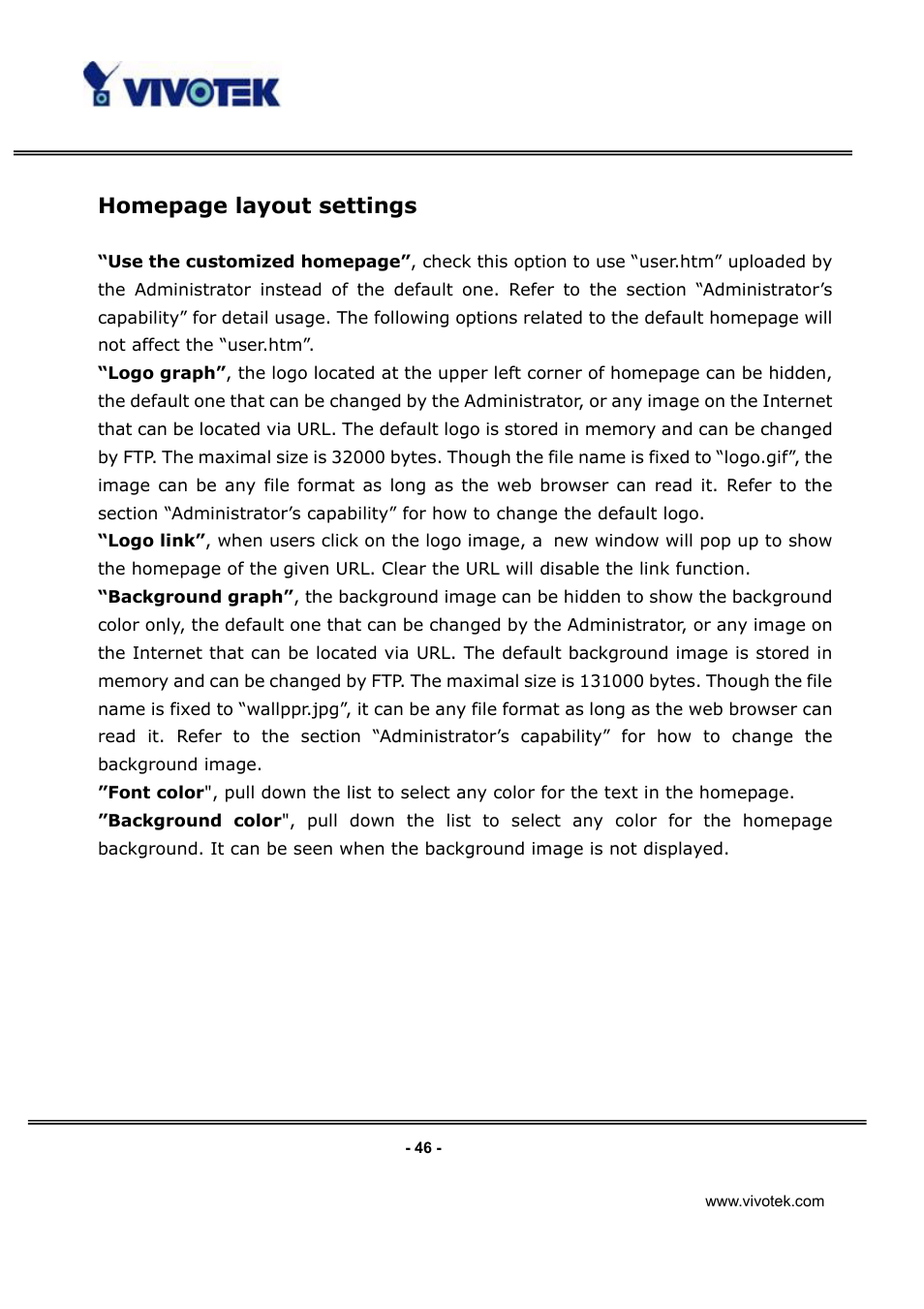 Homepage layout settings | Vivotek IP3132 User Manual | Page 47 / 65