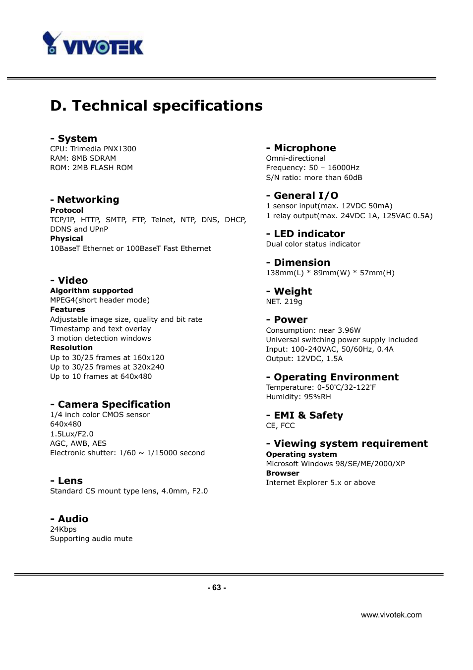 D. technical specifications | Vivotek IP3132 User Manual | Page 64 / 65