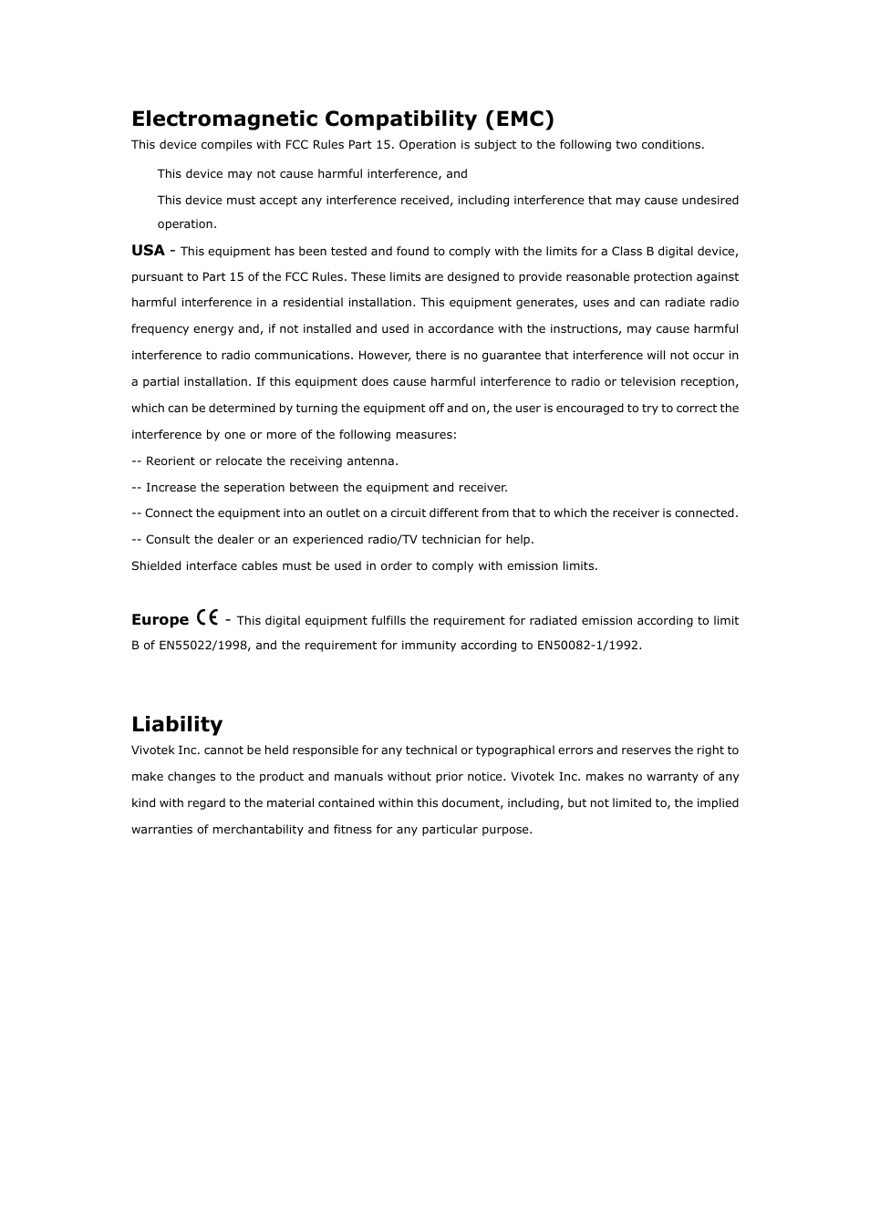 Electromagnetic compatibility (emc), Liability | Vivotek IP3132 User Manual | Page 65 / 65