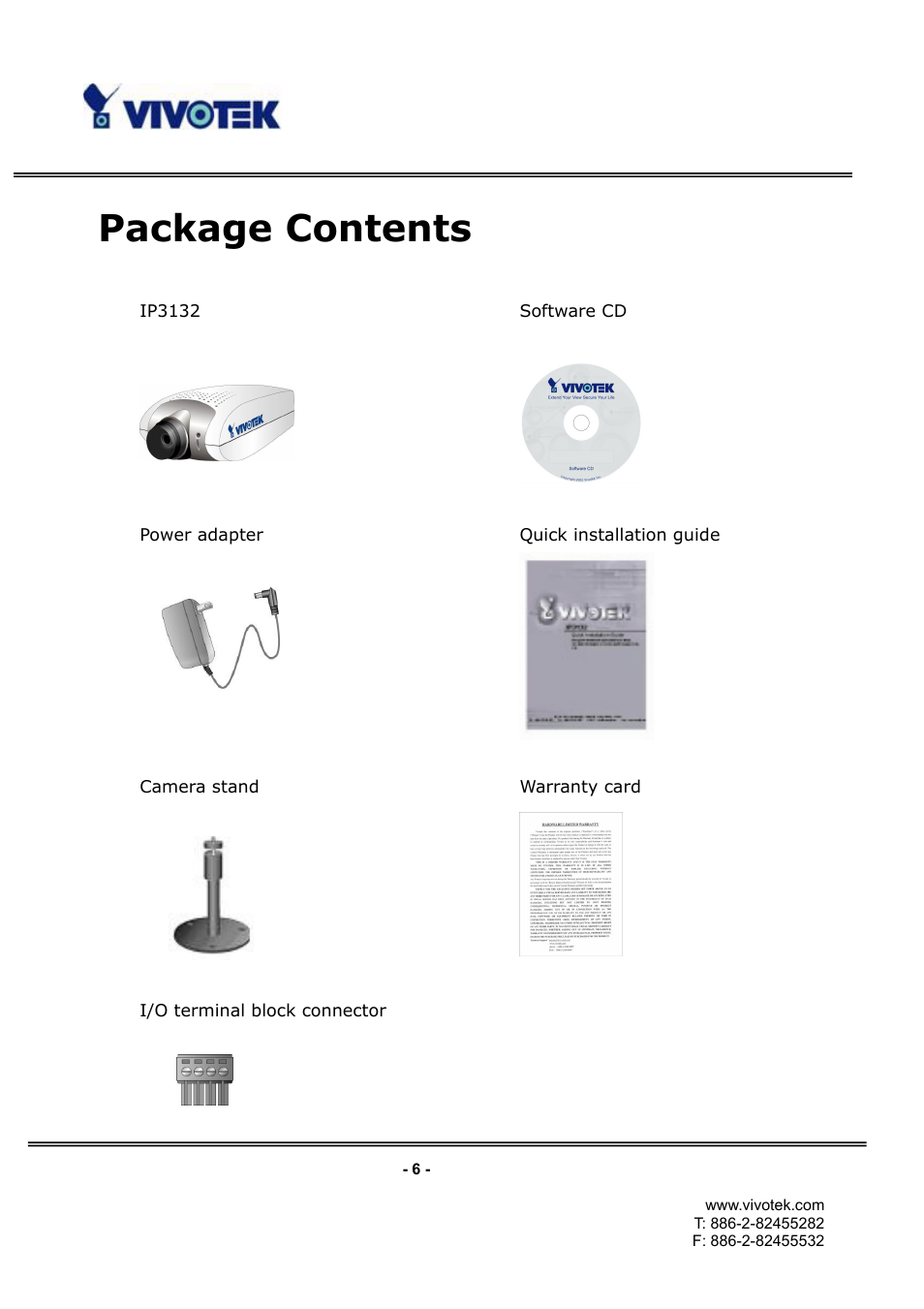 Package contents | Vivotek IP3132 User Manual | Page 7 / 65