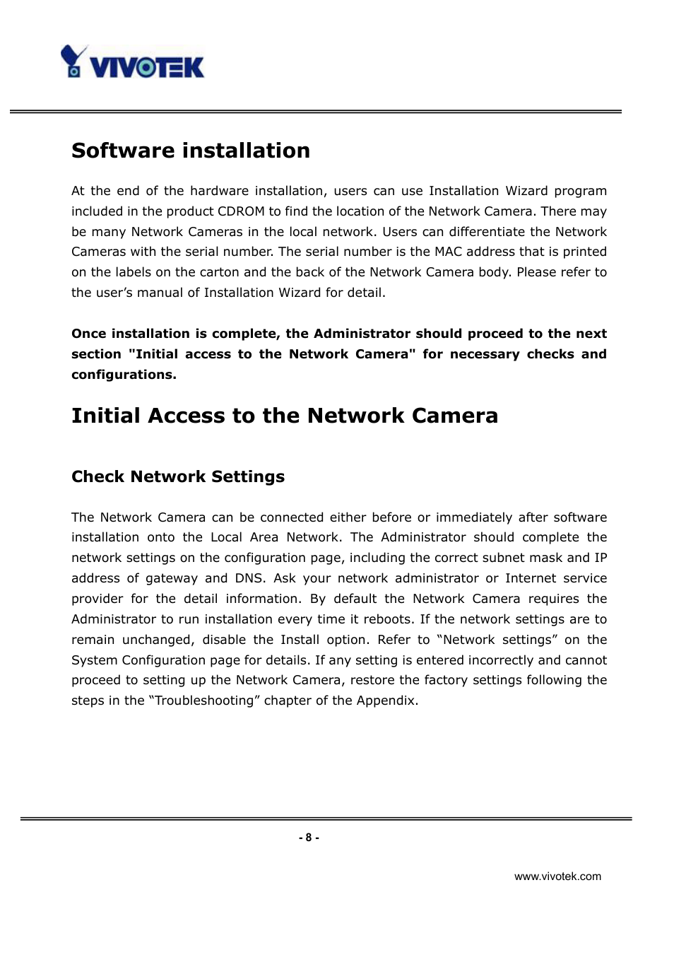 Software installation, Initial access to the network camera, Check network settings | Vivotek IP3132 User Manual | Page 9 / 65